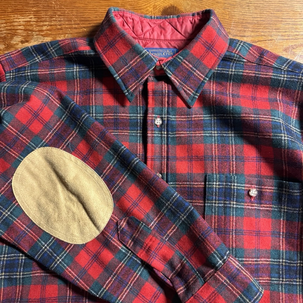 Pendleton Trail Shirt Large 100% USA Virgin Wool Plaid‎ Elbow Patches Shirt L